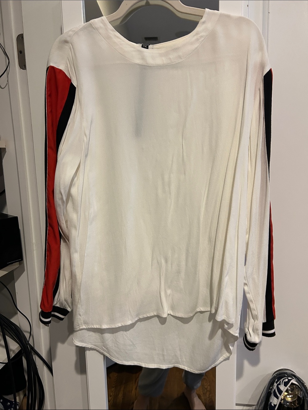 White Long-Sleeve Tunic Top with Red & Black Sleeve Panels